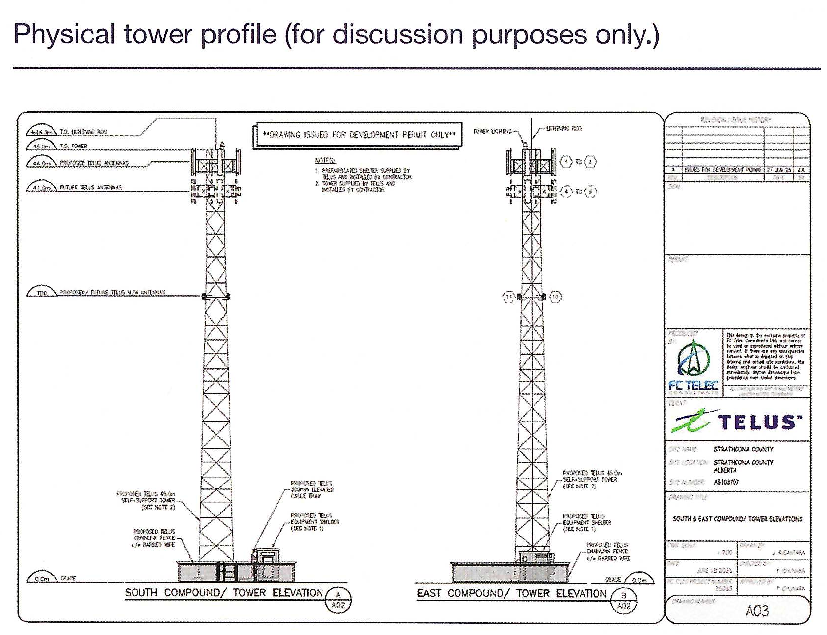 Technical drawing of proposed 48.3m tower showing south and east elevations